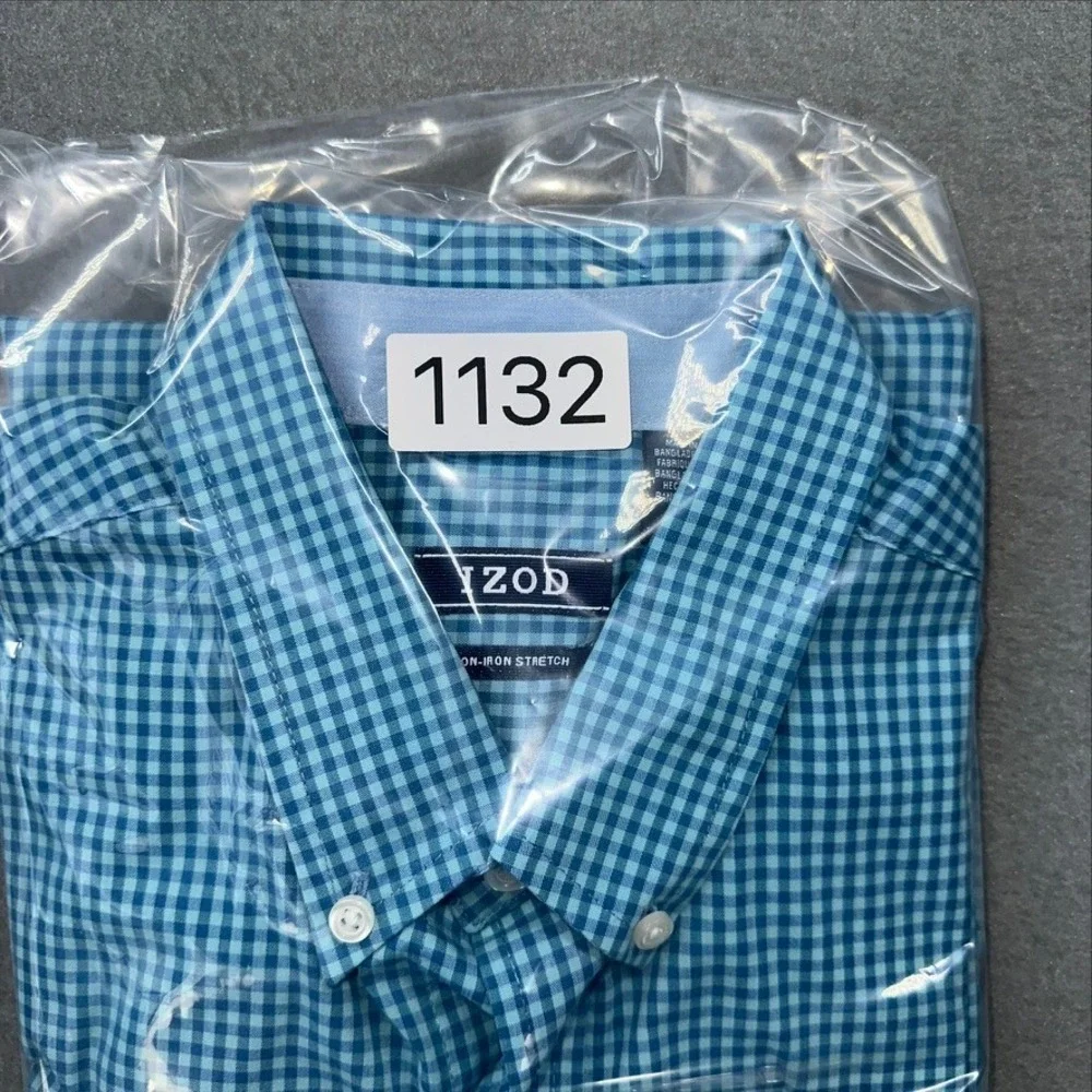 IZOD Button Down Shirt Mens M Blue Teal Gingham Non-Iron Stretch Long Sleeve